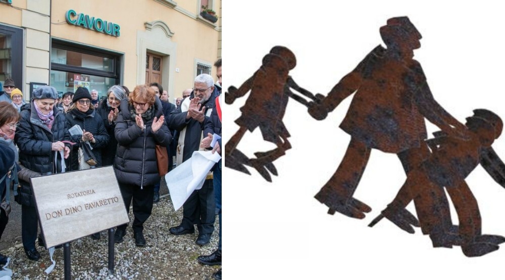 A sinistra la targa della rotatoria dedicata a don Dino Favaretto, a destra un'anteprima di come sarà il monumento a lui dedicato
