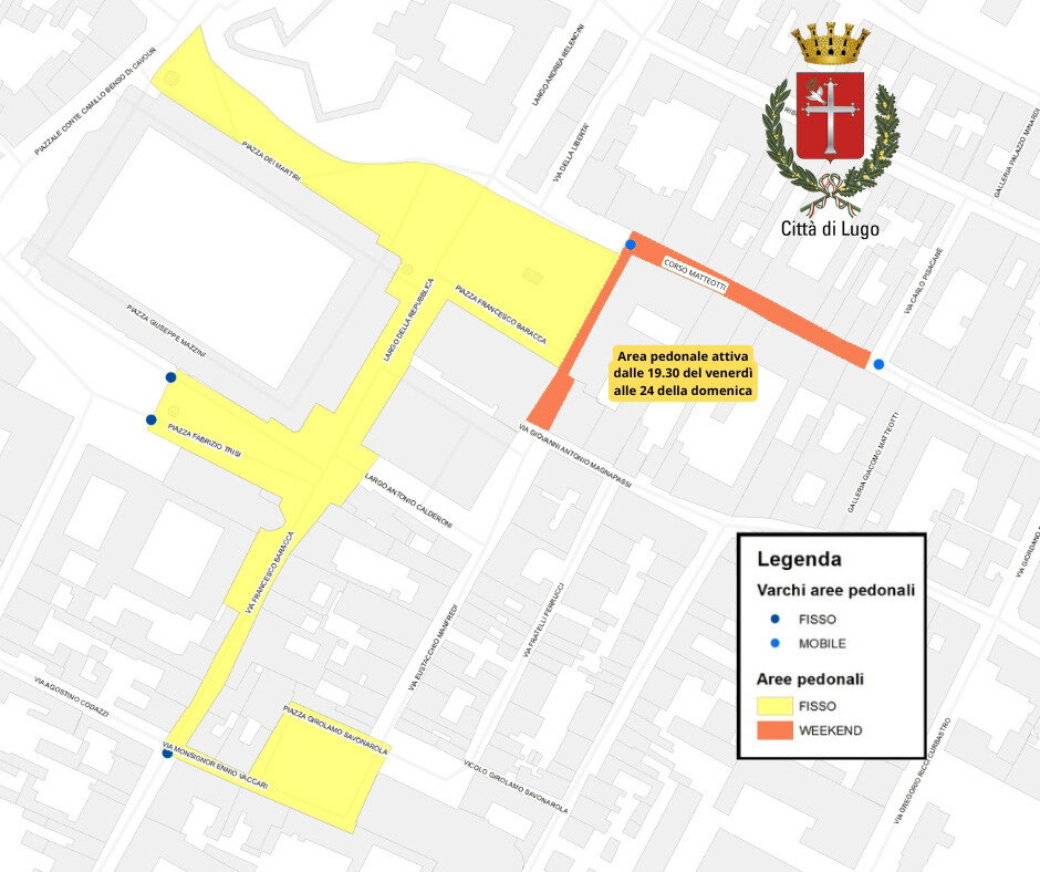 La mappa delle pedonalizzazioni in centro a Lugo